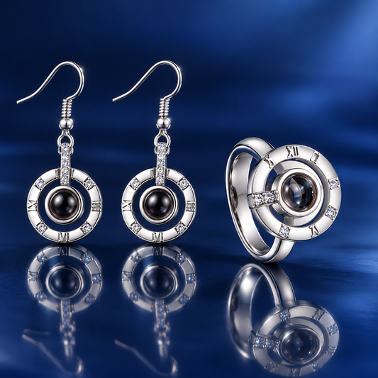 Schmuckset mit Foto – Römische Ziffern (Ohrringe & Ring)