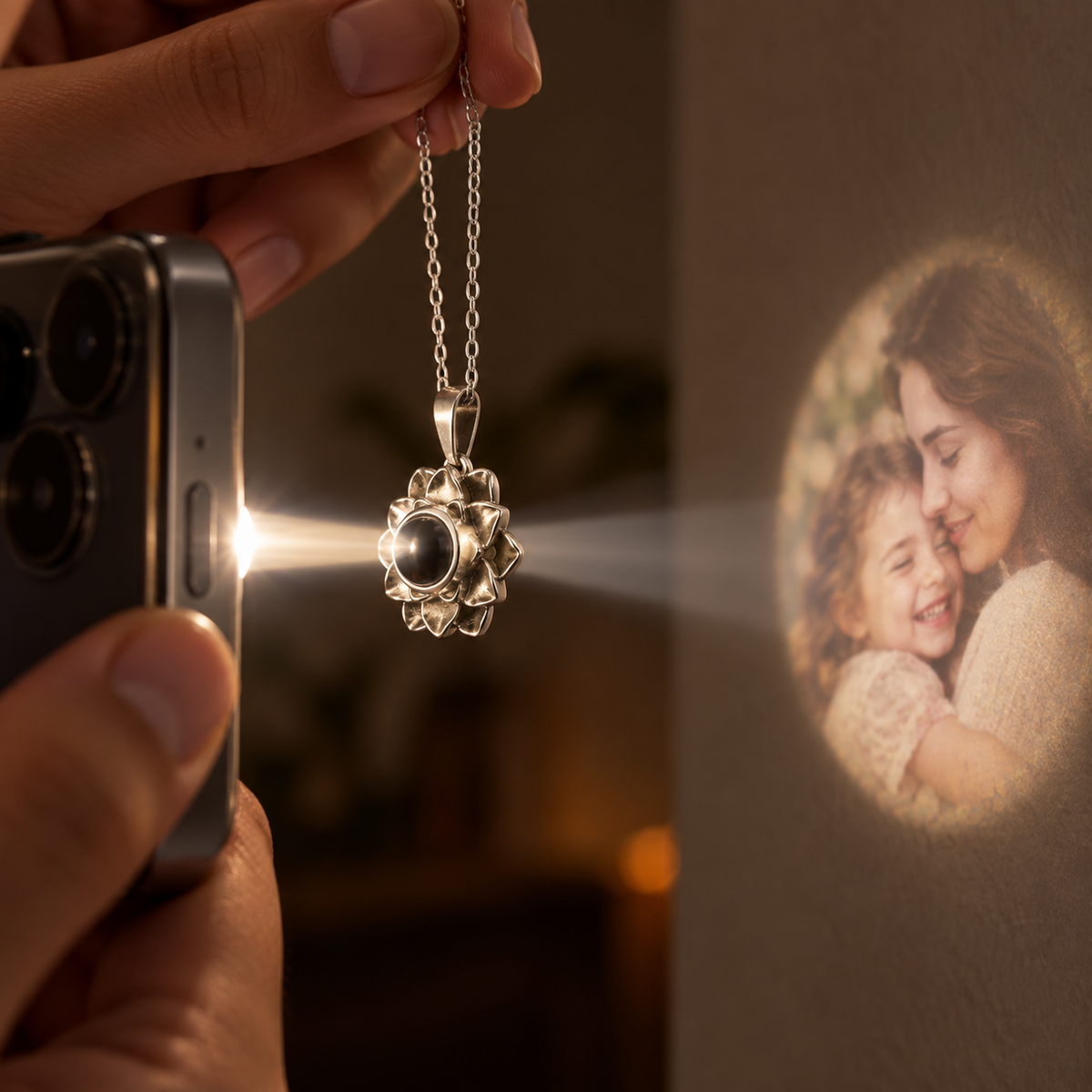 Silberfarbene Blumenkette von 4MyLove: Smartphone-Licht trifft die Fotolinse im Anhänger und projiziert ein Familienfoto an die Wand