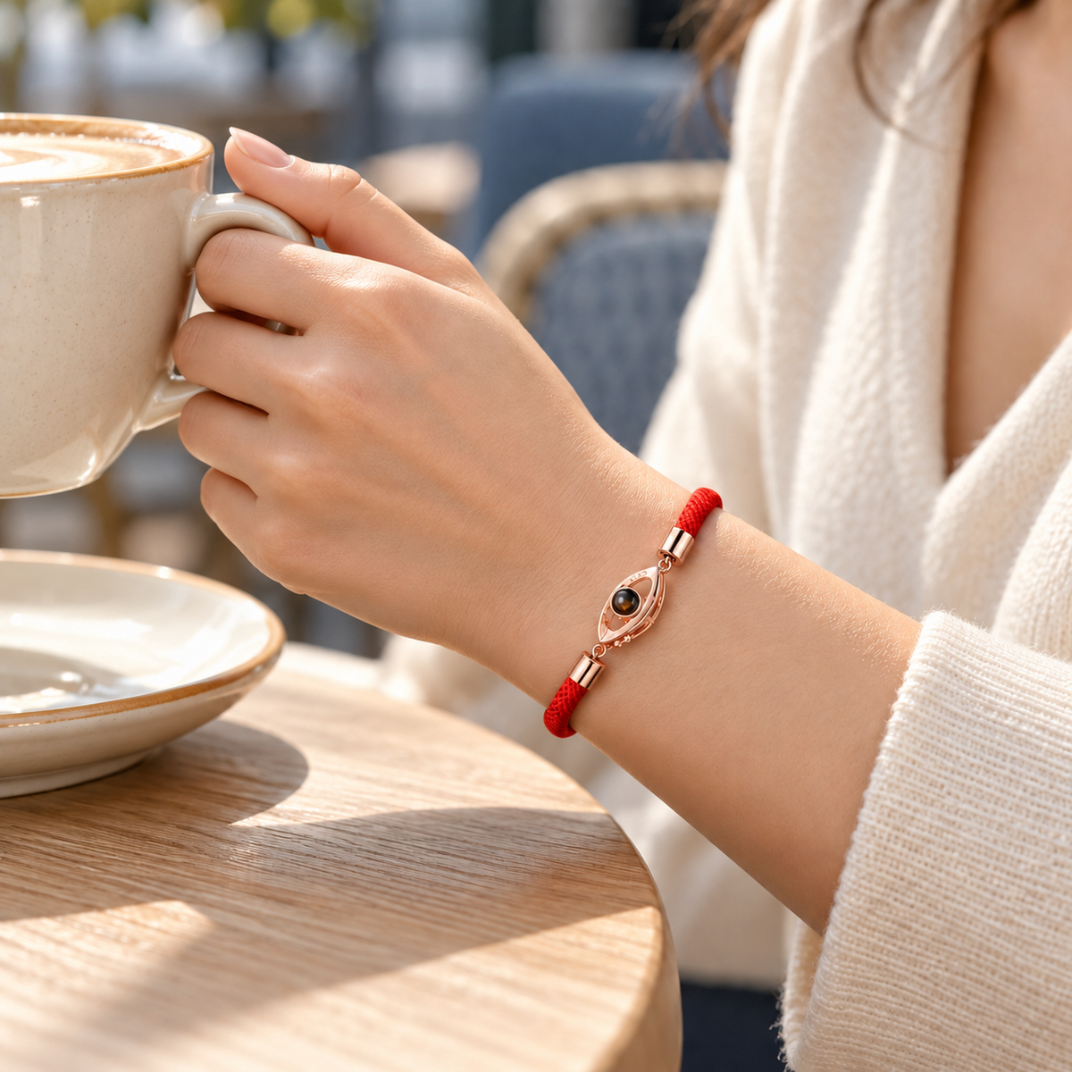 Rotes Fotoarmband mit roségoldfarbenem Augenmotiv und Fotolinse von 4MyLove, am Handgelenk im Café getragen