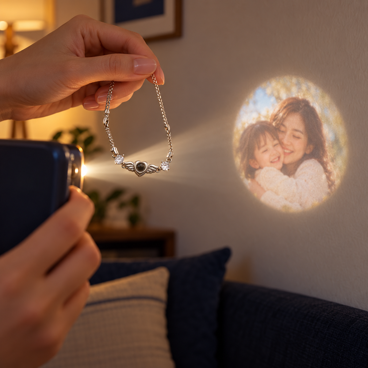 Silbernes Flügelherz-Fotoarmband von 4MyLove bei der Projektion eines Familienfotos mit Smartphone-Licht
