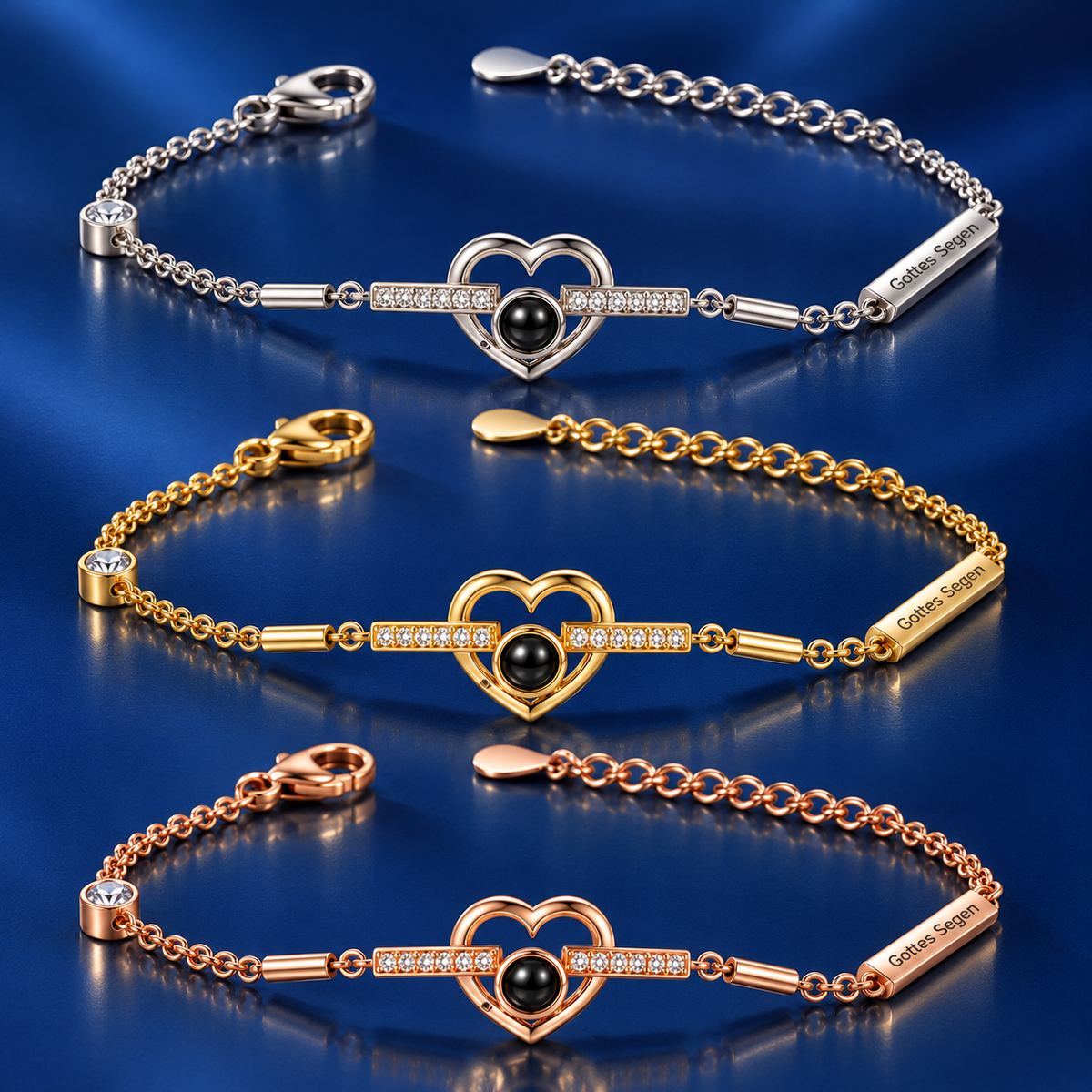 Fotoarmband mit Gravur Kristallherz in Silber, Gold und Roségold – Herz mit Fotolinse