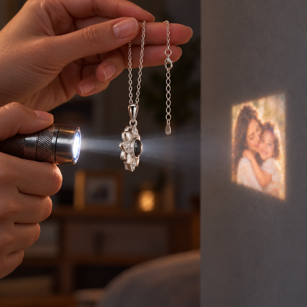 Silberne Fotokette Herz aus Blüten: Taschenlampe projiziert ein Mutter-Kind-Foto an die Wand