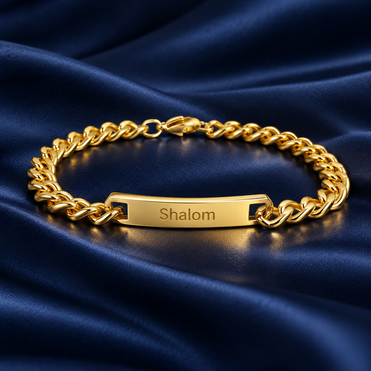 Herrenarmband mit Gravur Gold – Panzerkette mit Gravurplatte „Shalom“