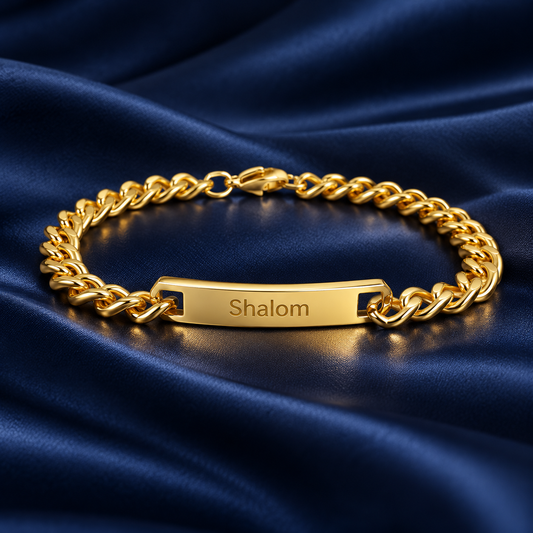 Herrenarmband mit Gravur Gold – Panzerkette mit Gravurplatte „Shalom“