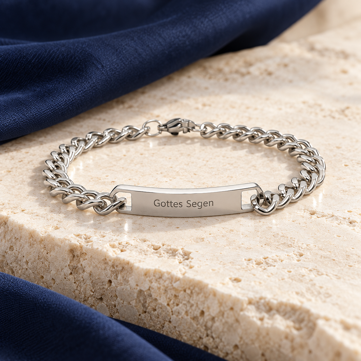 Herrenarmband Panzerkette Silber mit Gravur „Gottes Segen“, Edelstahl