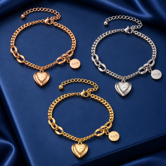 Herzarmband mit Gravur in Gold, Silber und Roségold – Herzanhänger und Gravurplättchen