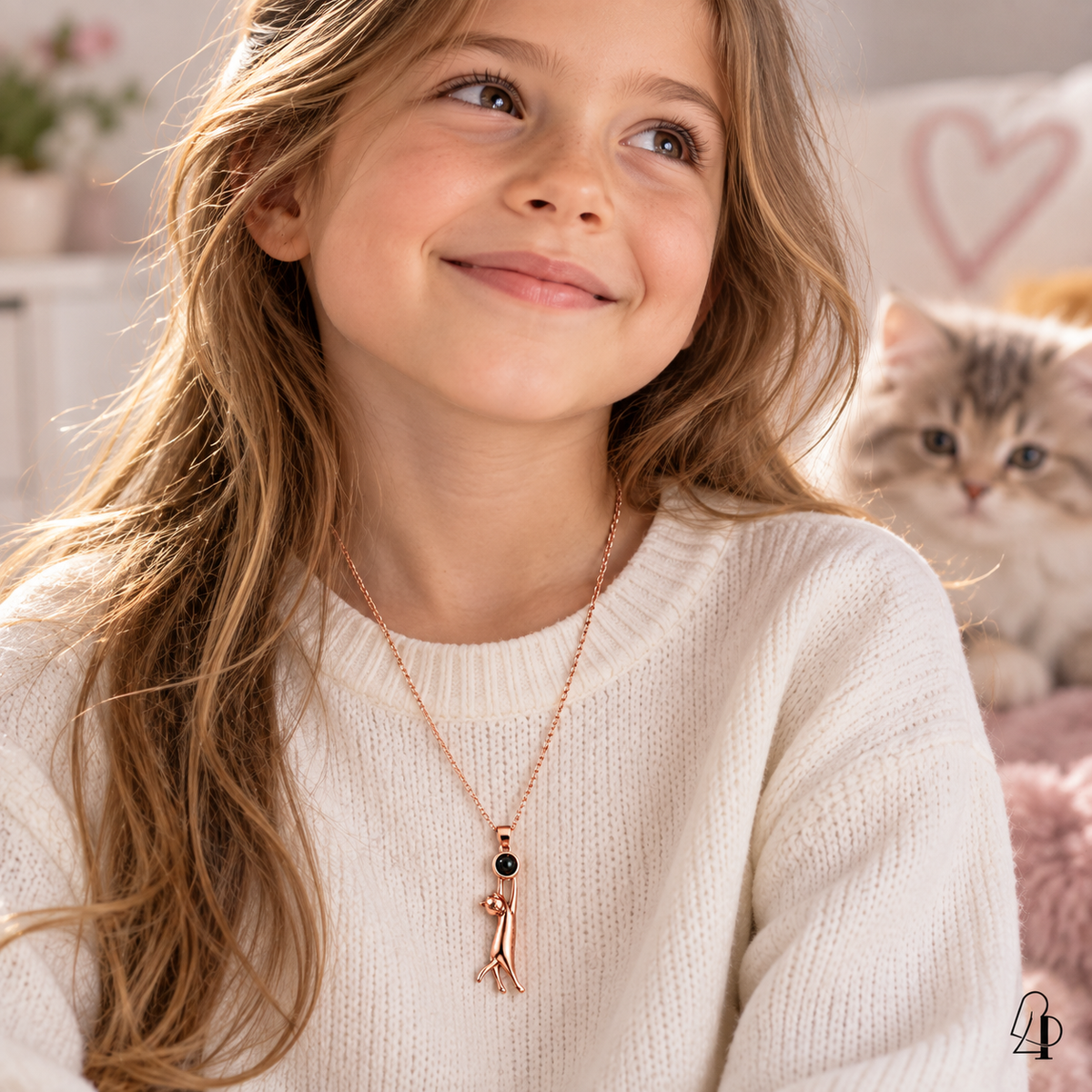 Mädchen trägt lange Katzen-Fotokette mit Projektionsanhänger von 4MyLove