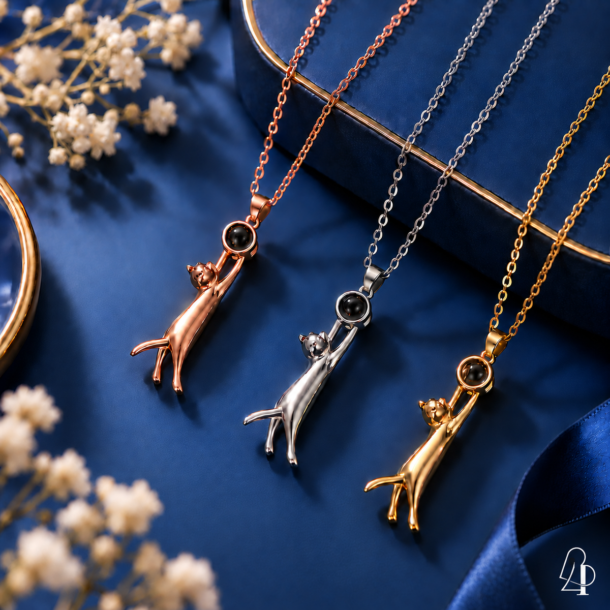 Katzen-Ketten mit Projektionsperle in Silber, Gold und Roségold auf blauem Hintergrund.
