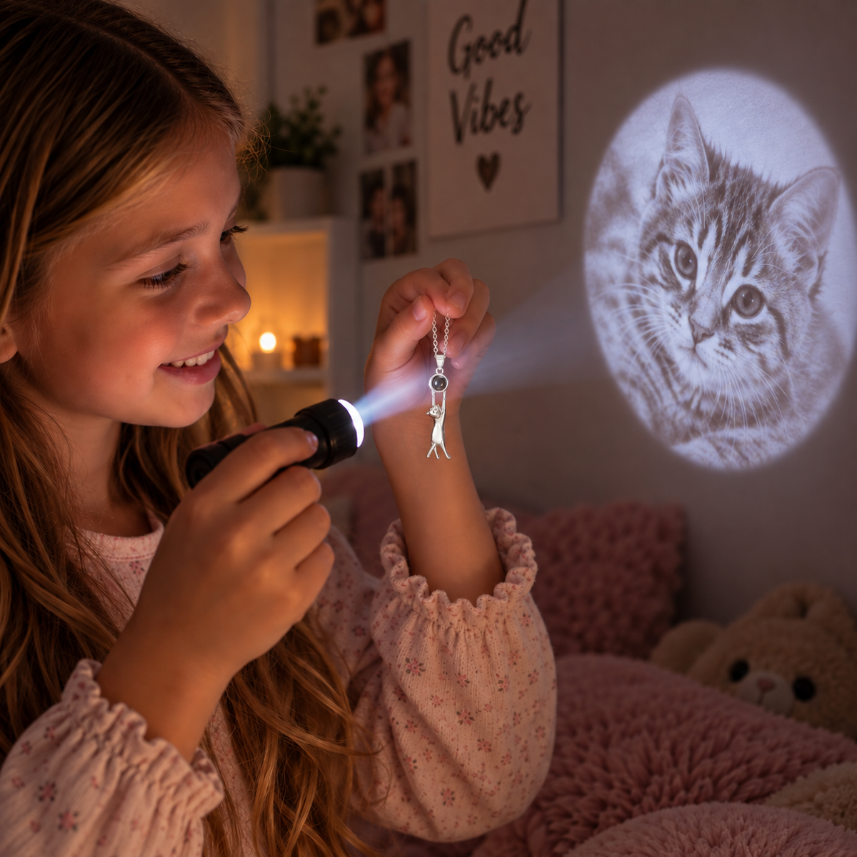 Mädchen projiziert mit Taschenlampe ein Katzenbild aus der Katzen-Fotokette an die Wand