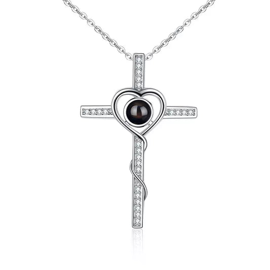 Kette mit Foto – Kreuz mit Herz, Fotokette mit Projektionslinse | 4MyLove