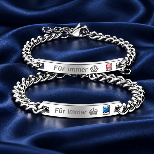 Partnerarmbänder mit Gravur „Für immer“ – Edelstahl mit Kristallsteinen und Krone