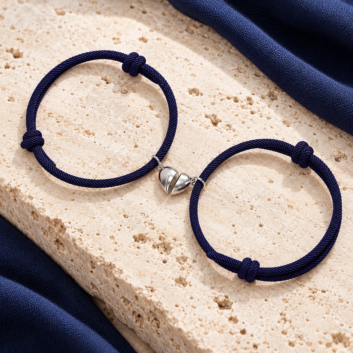 Zwei dunkelblaue Partnerarmbänder mit magnetischem Herz auf Naturstein