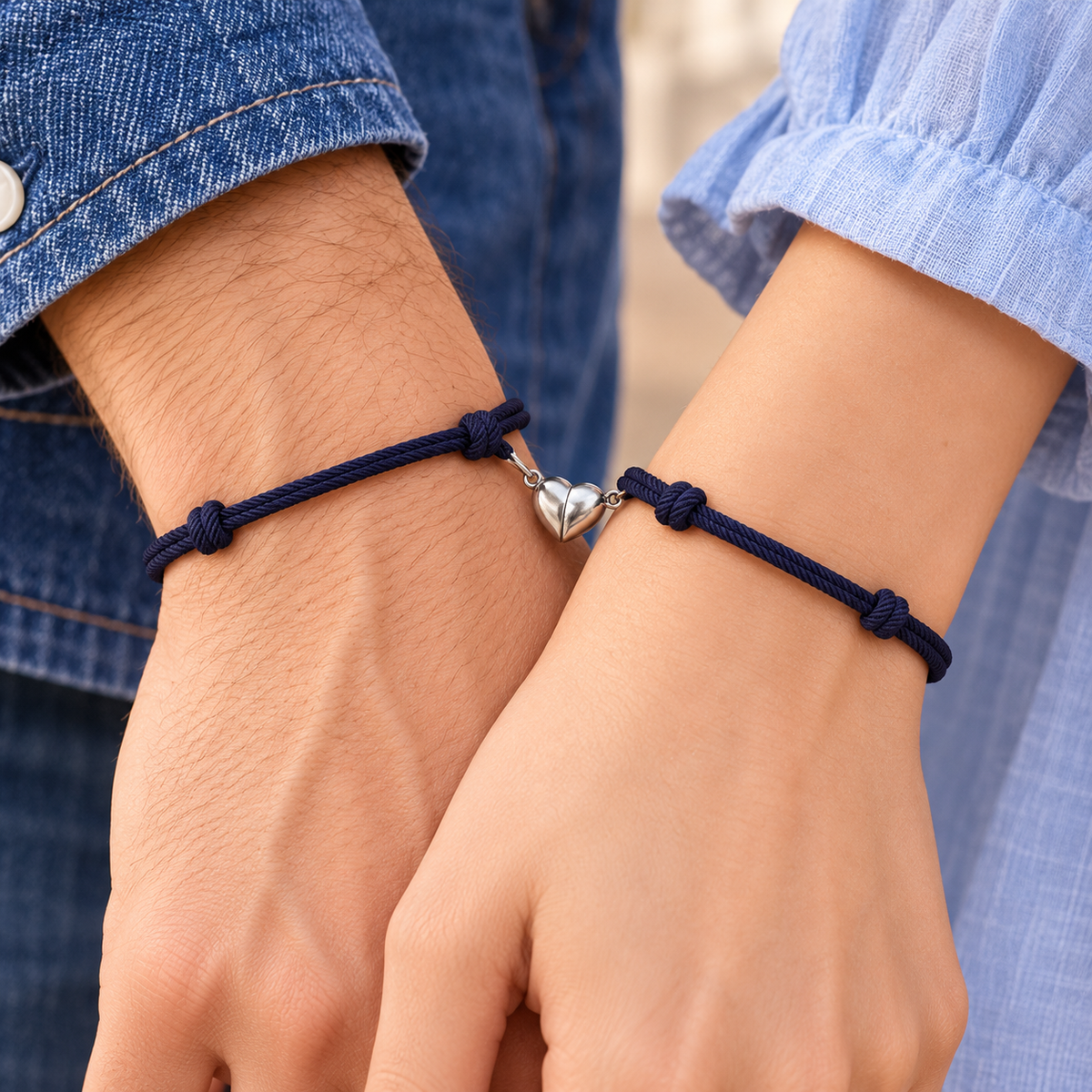 Paar trägt Partnerarmbänder mit Magnetherz – Herzhälften verbinden sich beim Händehalten