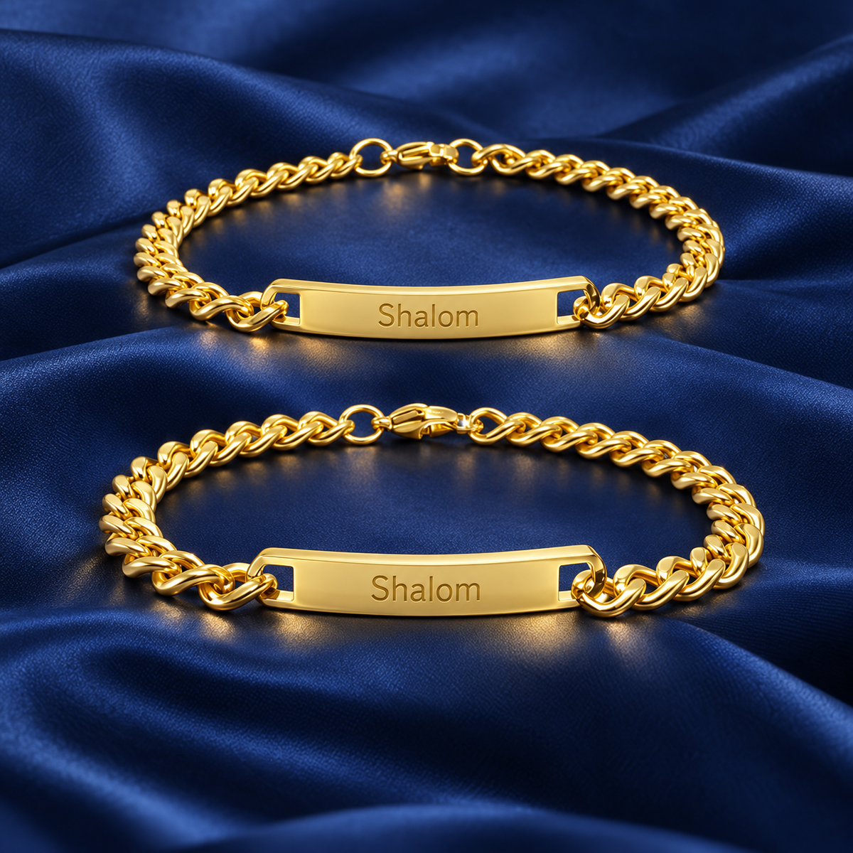 Partnerarmbänder mit Gravur Gold – zwei Panzerketten mit Gravur „Shalom“