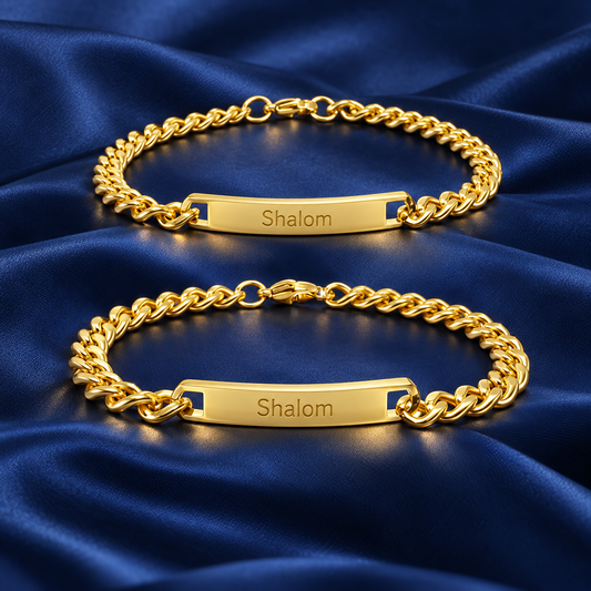 Partnerarmbänder mit Gravur Gold – zwei Panzerketten mit Gravur „Shalom“