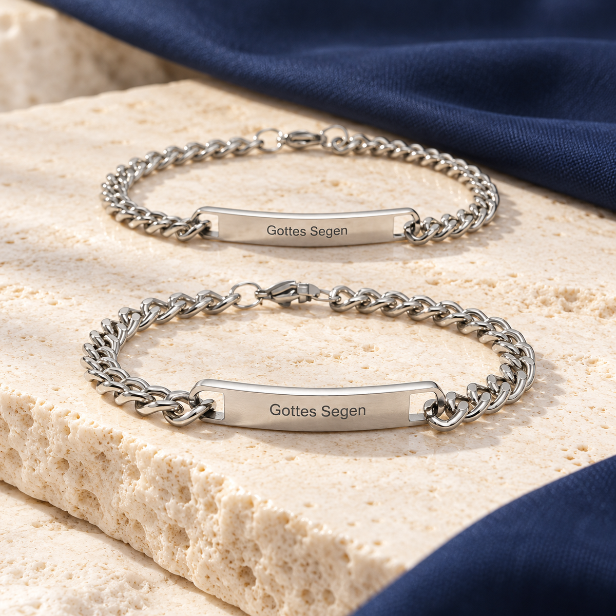 Partnerarmbänder Silber mit Gravur „Gottes Segen“ – Panzerkette aus Edelstahl