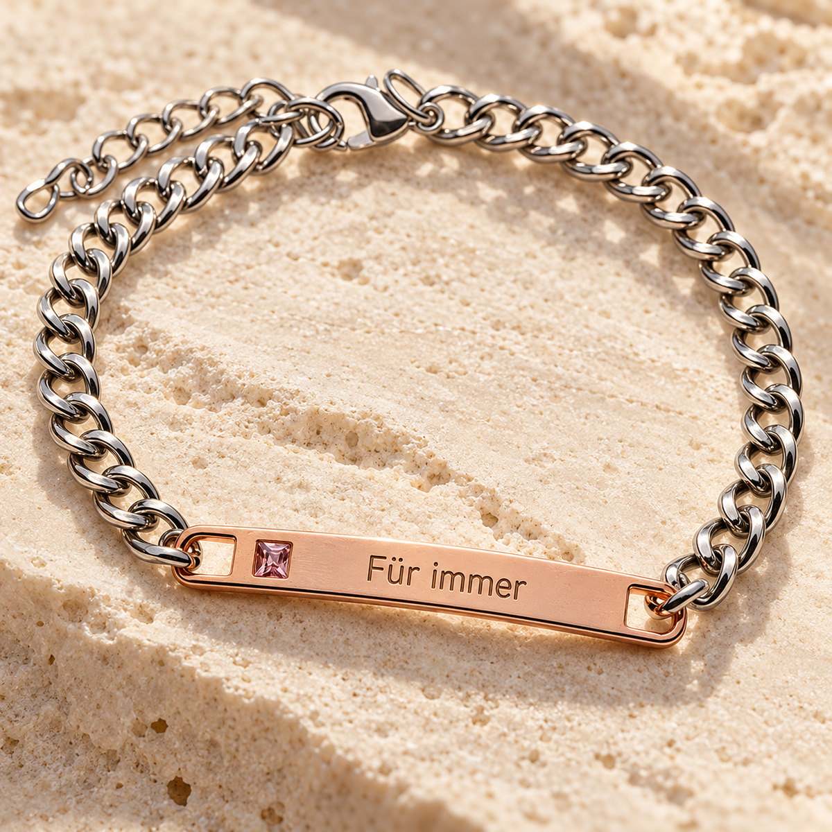 Partnerarmband mit Gravur Roségold – Panzerkette mit Gravurplatte