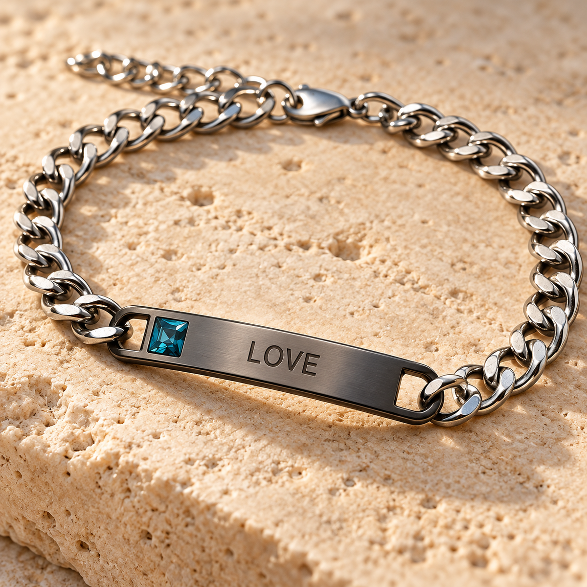 Schwarzes Herren-Partnerarmband mit Gravurplatte auf Naturstein