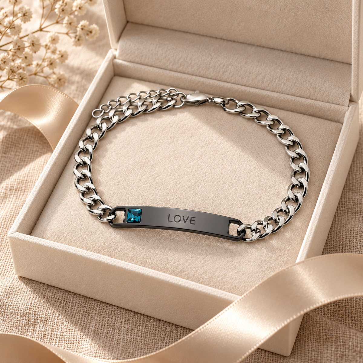Partnerarmband Herren Schwarz mit Gravur in Geschenkbox