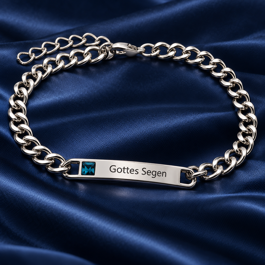 Partnerarmband Herren Silber mit Gravur „Gottes Segen“ und blauem Kristallstein