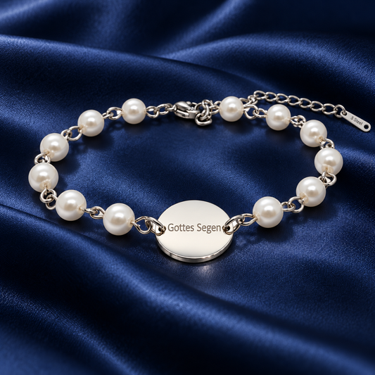 Perlenarmband mit Gravur „Gottes Segen“ – Perlen mit runder Edelstahlplatte