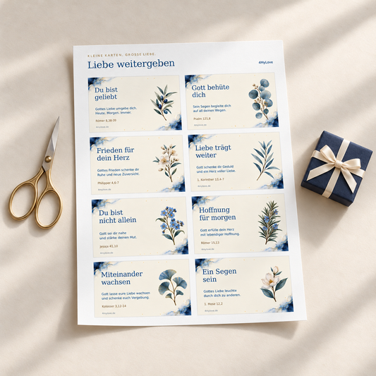 Segenskarten „Liebe geben“ im Aquarell-Design mit Schere und Geschenk