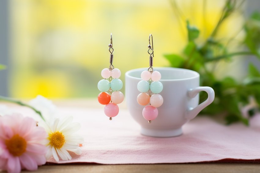 A DIY spring jewelry project, showing a pair of handmade earrings with pastel-colored beads.
