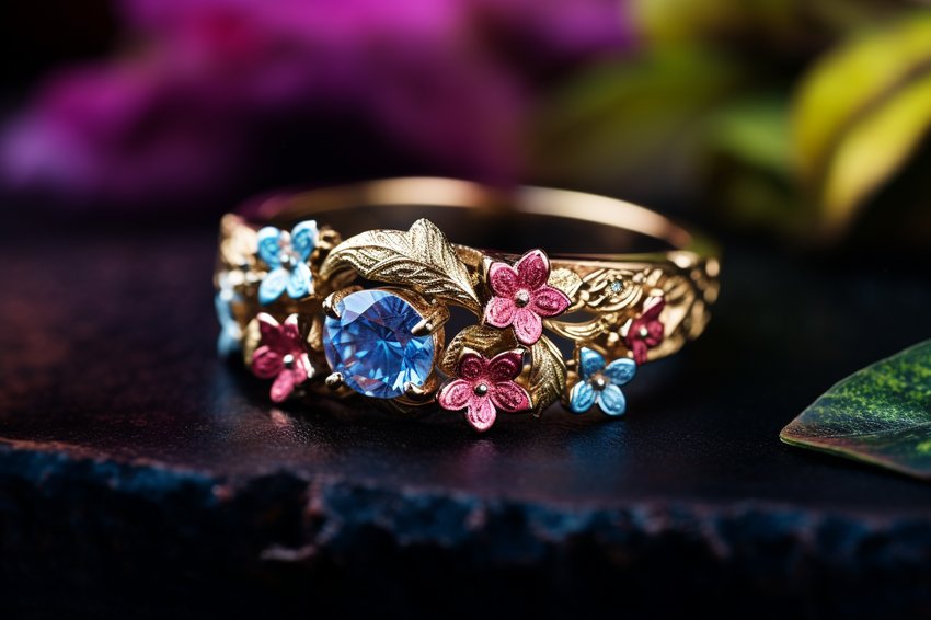 A close-up shot of a floral ring, showcasing its intricate details and vibrant colors