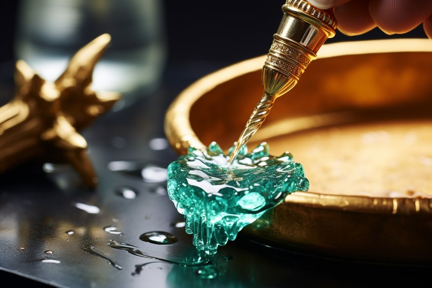 A close-up shot of a jewelry cleaning process, with a soft brush and soapy water