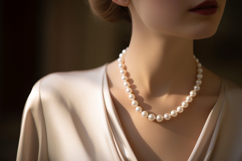 A close-up shot of a woman wearing a classic pearl necklace, highlighting its elegance and timeless appeal