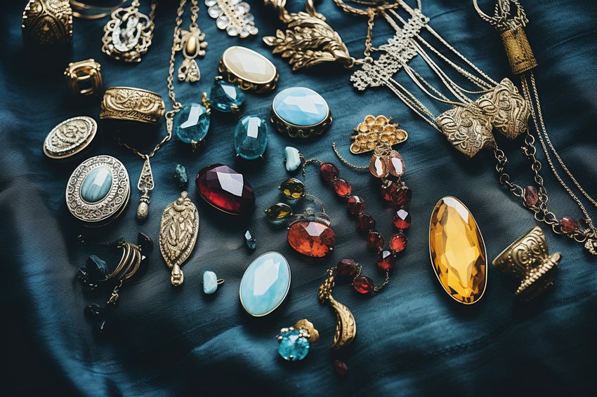 A collection of various types of jewelry beautifully arranged on a velvet surface