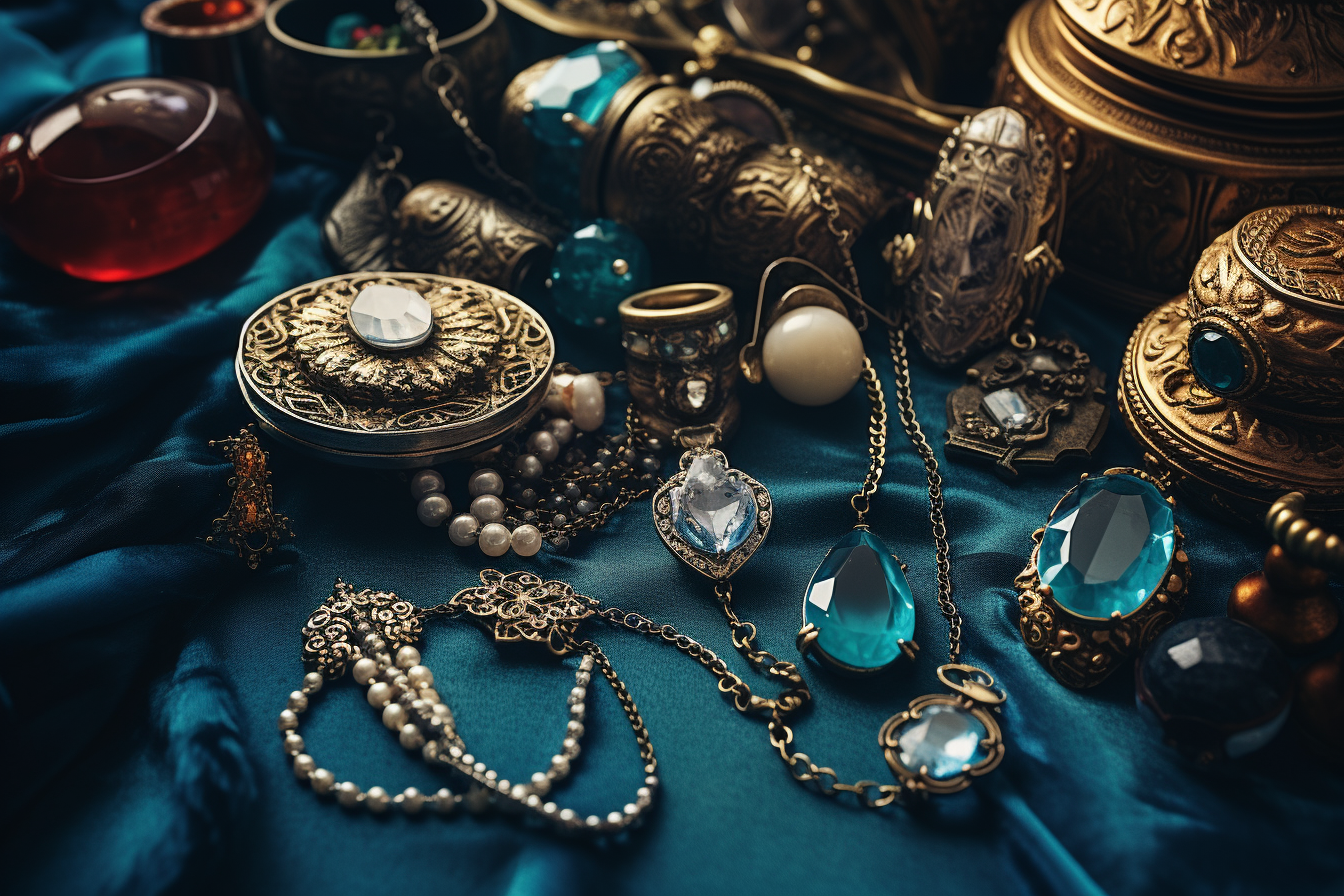 A selection of various pieces of jewelry on a velvet background