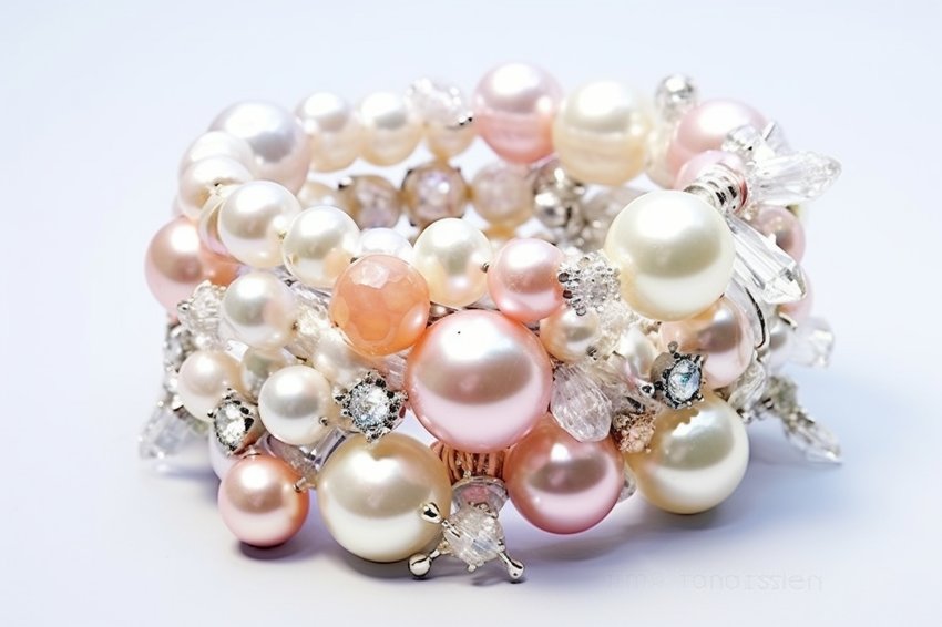 A step-by-step visual guide on how to make your own pearl bracelet, showcasing the materials, tools, and process