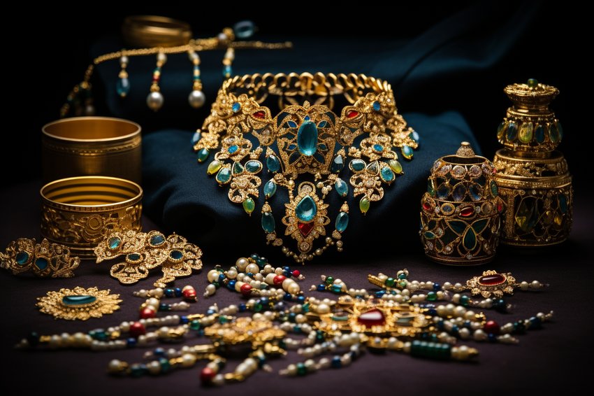 A stunning collection of Indian jewelry, featuring intricate designs and rich colors that reflect the country's cultural heritage.