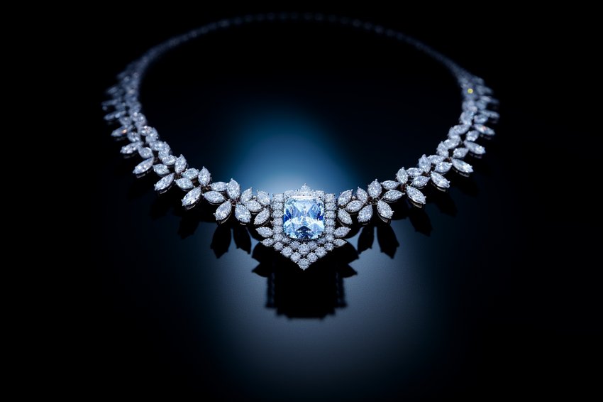 A stunning diamond necklace sparkling under the light