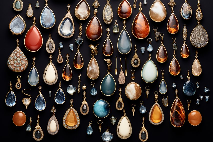 A stunning image of a variety of teardrop-shaped jewelry pieces, including necklaces, earrings, and bracelets.