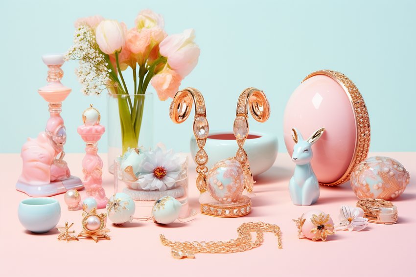 A variety of beautifully crafted Easter-themed jewelry displayed on a pastel background