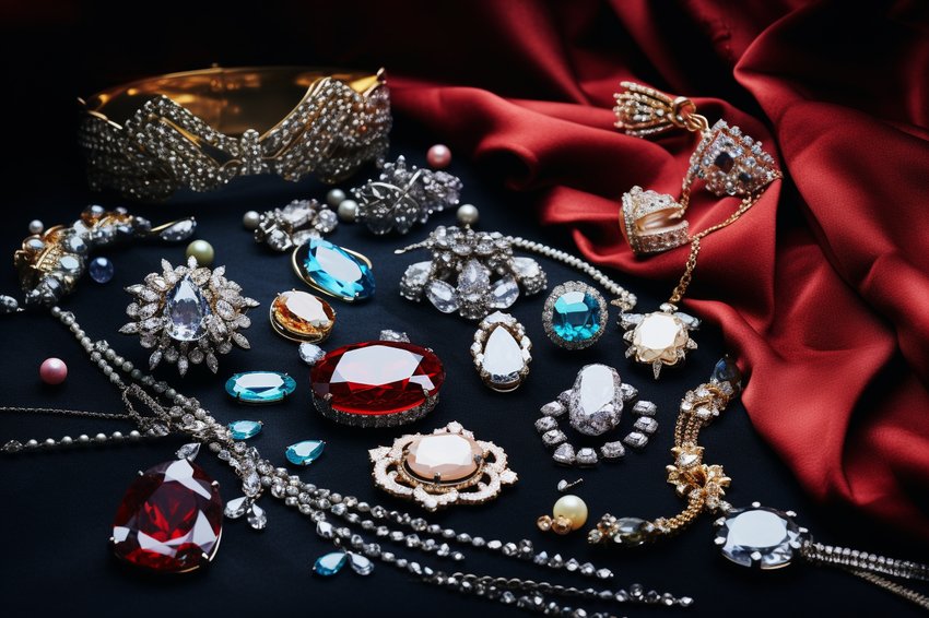 A variety of diamond jewelry pieces arranged on a velvet surface