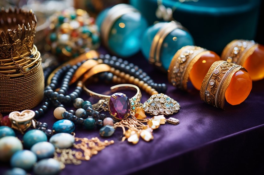 A variety of jewelry pieces including necklaces, bracelets, rings, and earrings displayed on a velvet cloth