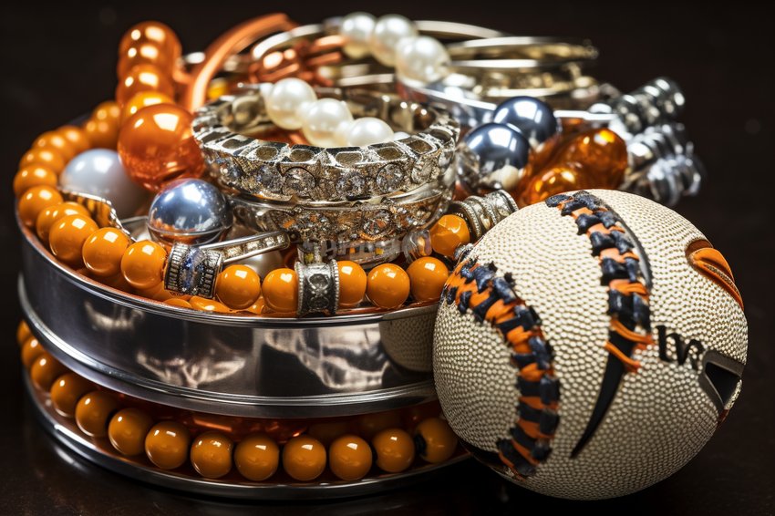 A variety of sports jewelry including necklaces, bracelets, and rings