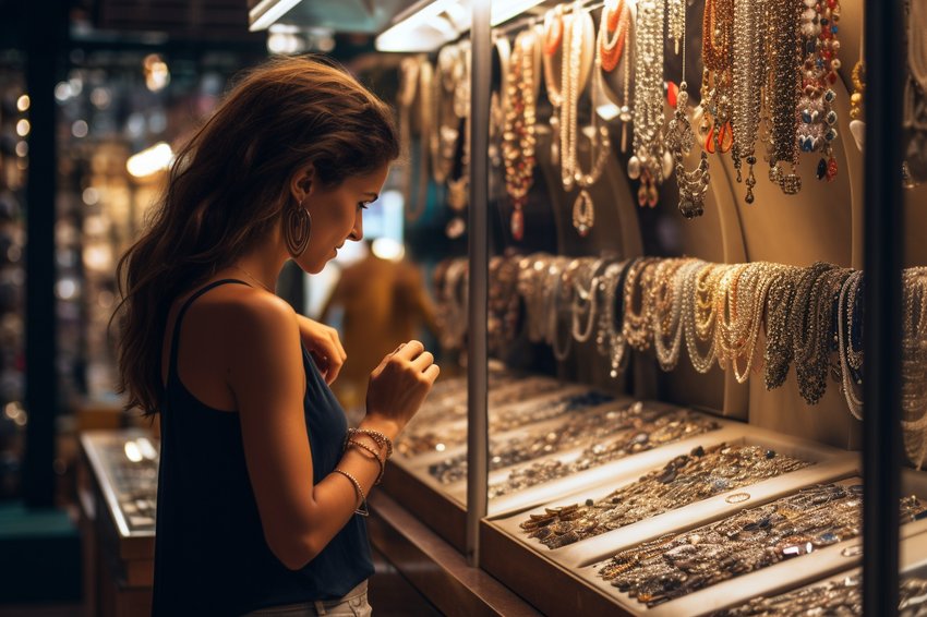 A woman browsing through a selection of jewelry at a local jeweler's shop