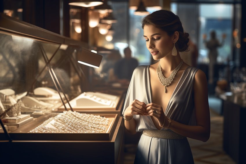 A woman browsing through diamond jewelry in a high-end jewelry store.