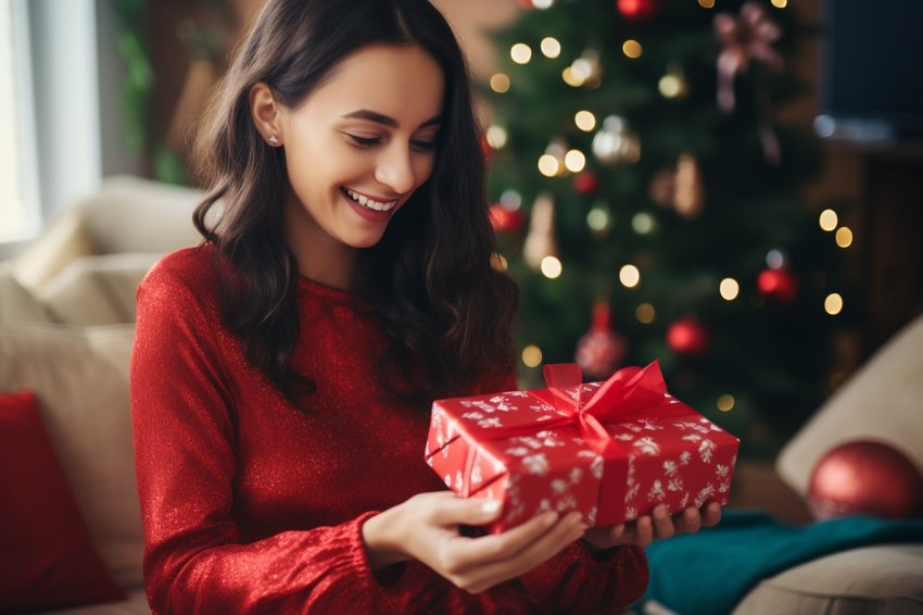 A woman happily unboxing a piece of jewelry she received as a Christmas gift