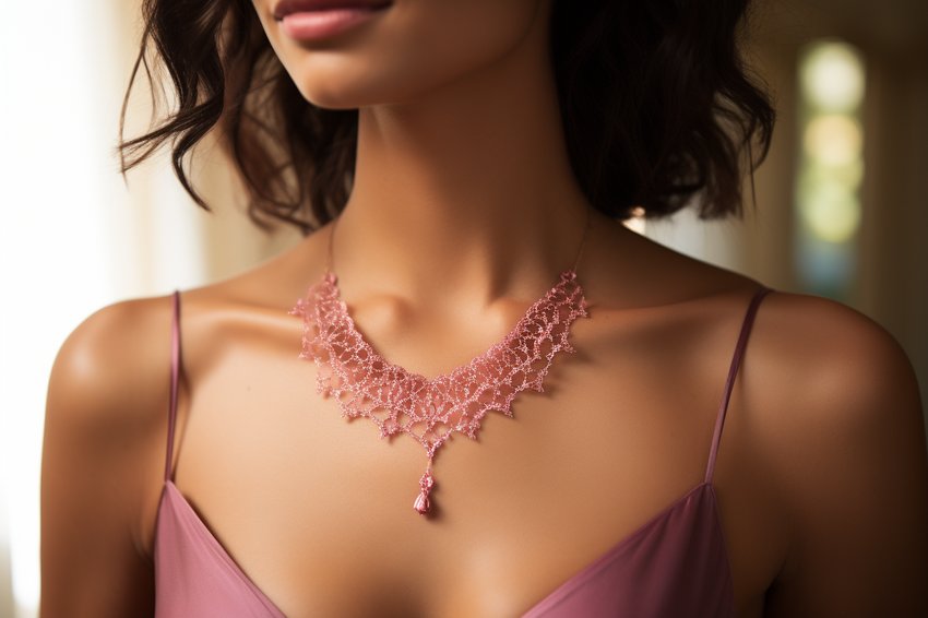 A woman wearing a heart-shaped necklace, showing how it can be styled