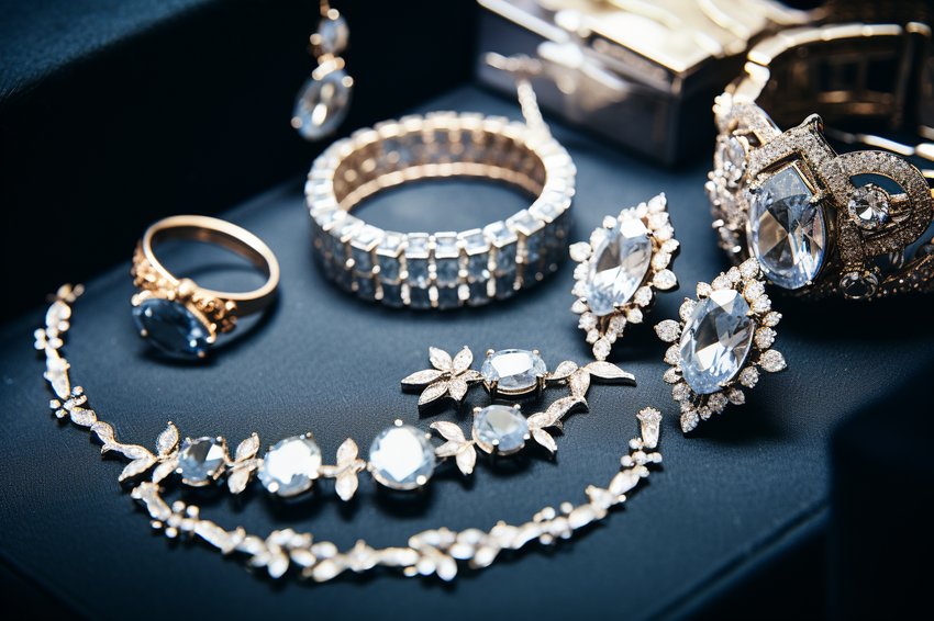 An array of diamond jewelry including rings, necklaces, earrings, and bracelets displayed on a velvet surface.