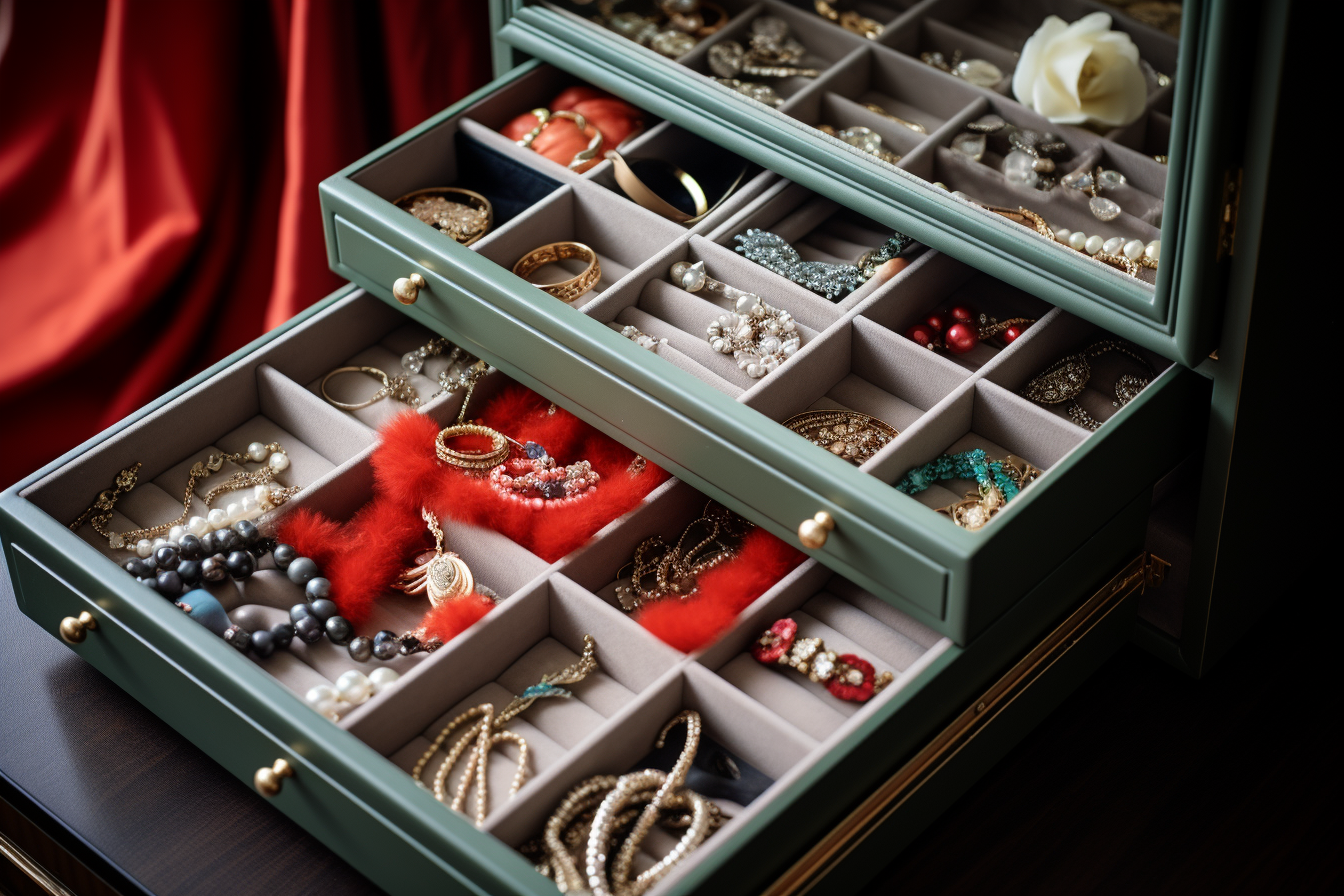 An organized jewelry box with different compartments for rings, necklaces, and bracelets