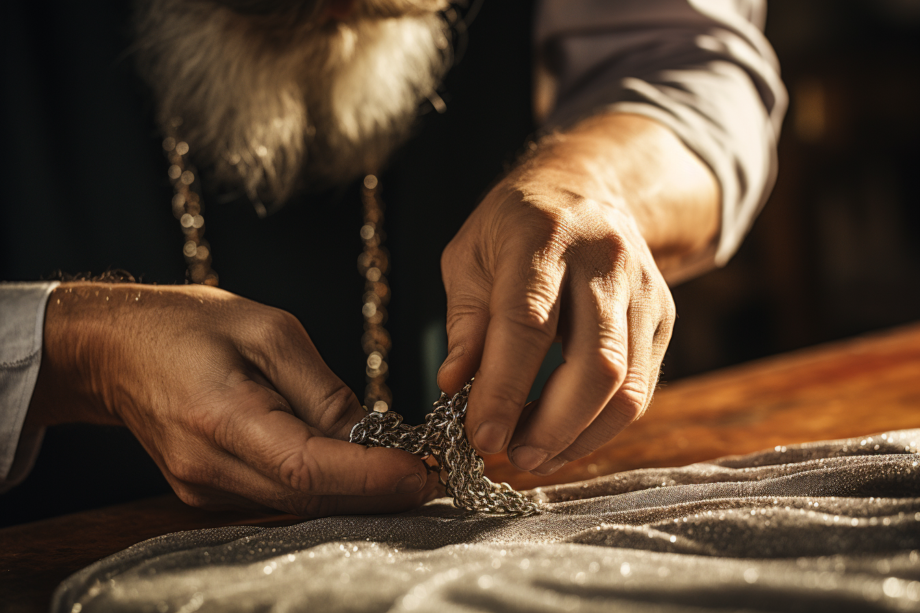 Close-up of a person cleaning a silver necklace with a soft cloth