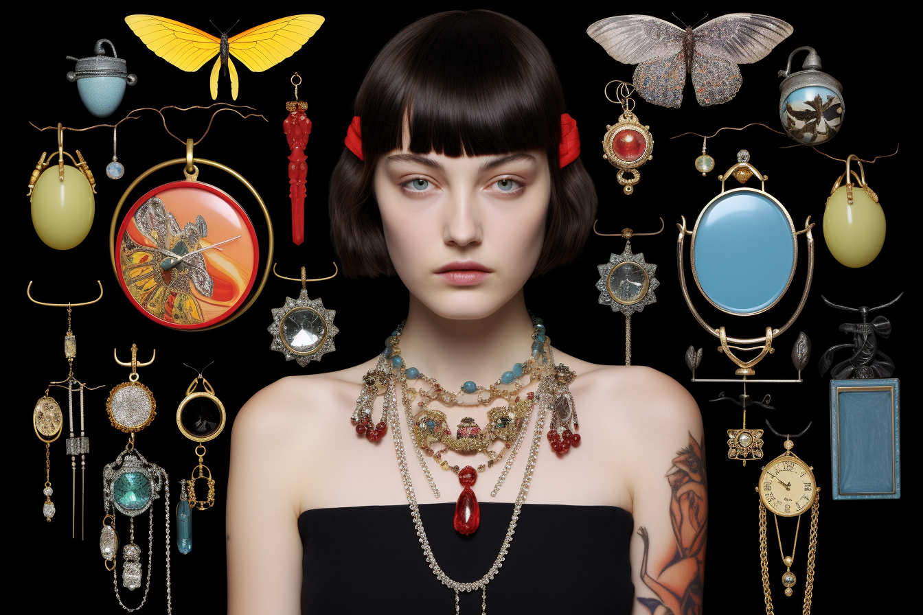 Eine Collage verschiedener trendiger Schmuckstücke, darunter Halsketten, Ohrringe und Armbänder.