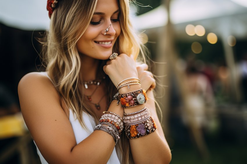 Eine Nahaufnahme von verschiedenen Arten von Festival-Schmuck, einschließlich Halsketten, Armbändern, Ringen, Ohrringen und Haaraccessoires
