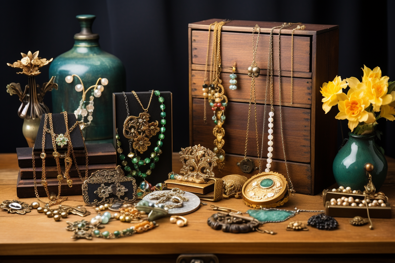 Eine Sammlung verschiedener Vintage-Schmuckstücke, darunter Halsketten, Ohrringe und Broschen, auf einem rustikalen Holztisch präsentiert.
